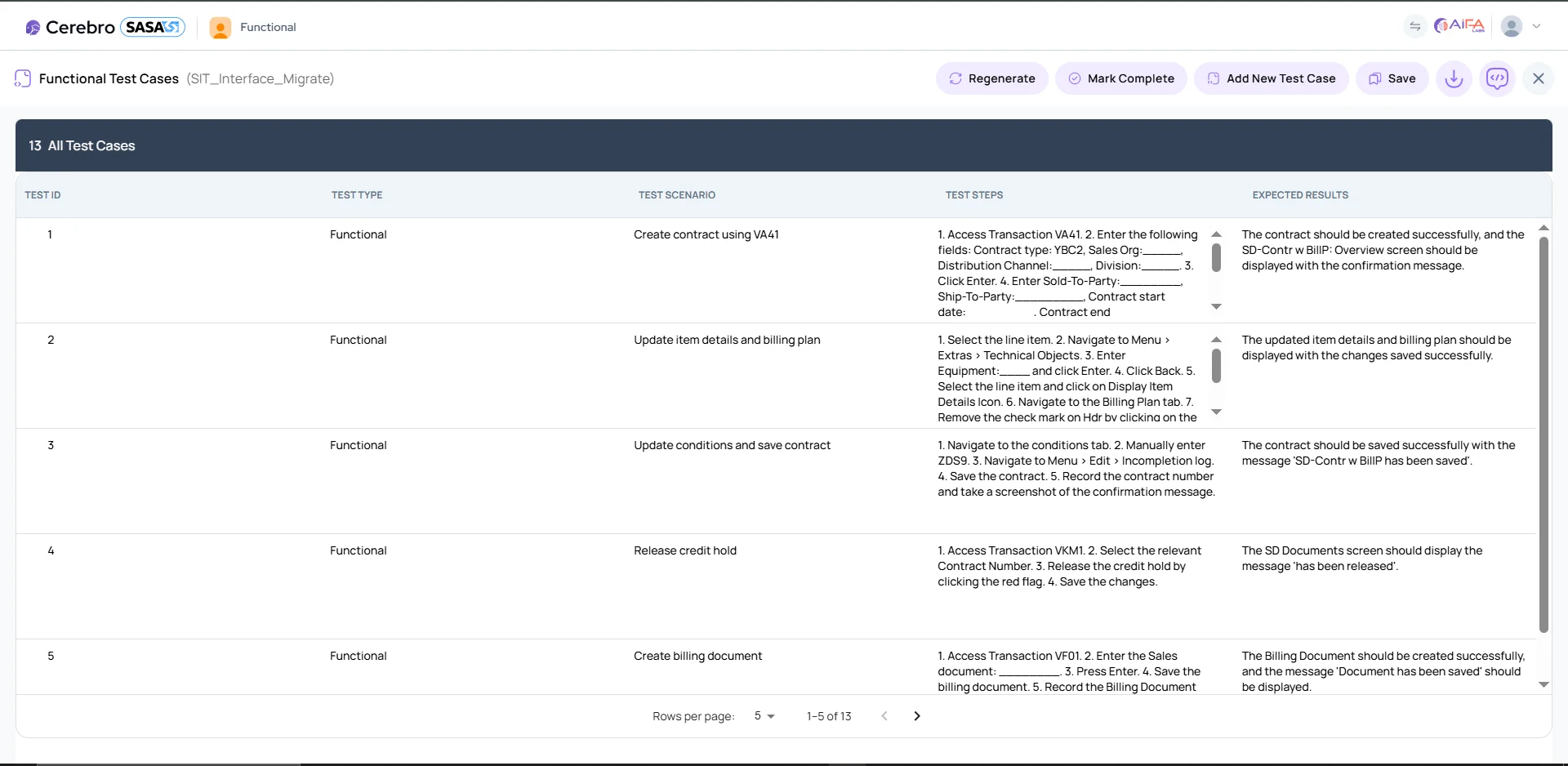 Screenshot of System Integration Test (SIT) Migration - SASA AI-powered SAP automation feature